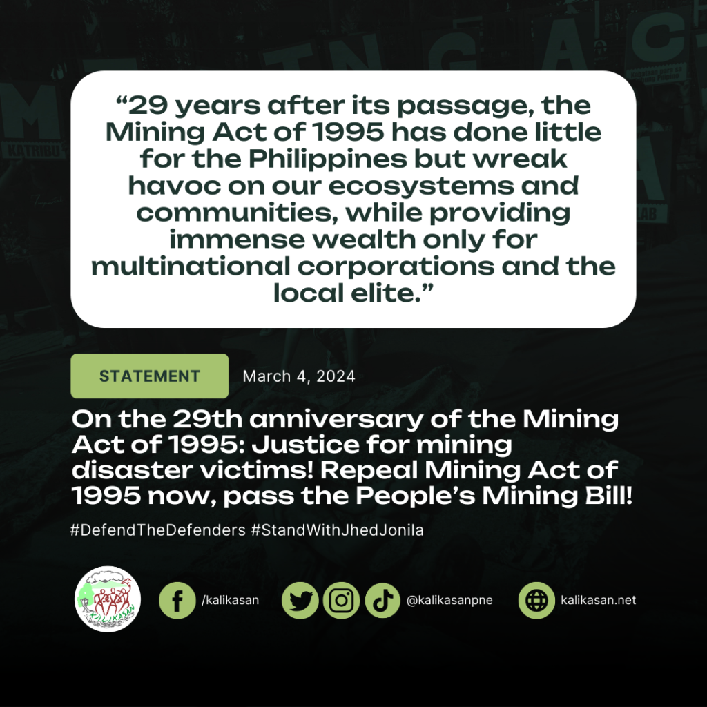On the 29th anniversary of the Mining Act of 1995: Justice for mining disaster victims! Repeal Mining Act of 1995 now, pass the People’s Mining Bill!